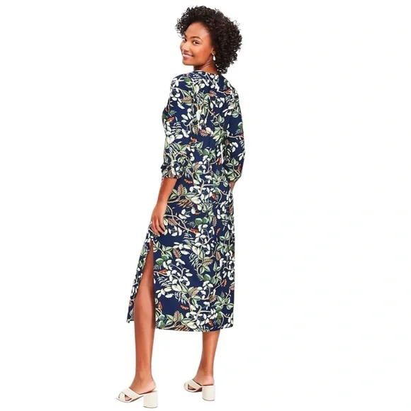 LOFT Navy Botanical Tie-Waist Midi Dress - Picture 2 of 14